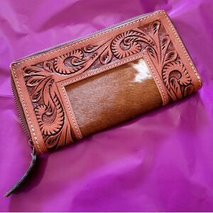 Handcrafted Genuine Leather Genuine Cowhide Fur Leather Tooled Wallet